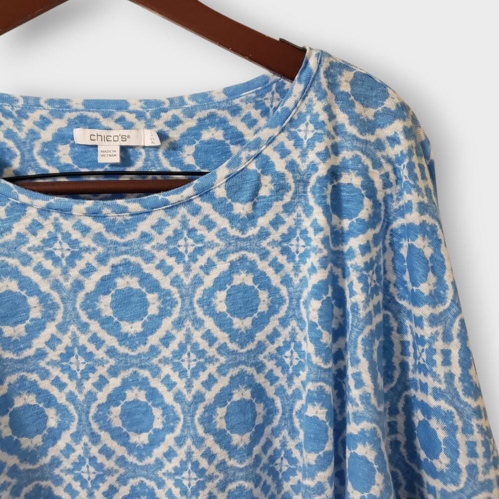 Chico's Blue Geo Print Linen Dolman Top‎ Sz 3 (XL) Summer Coastal Beachy Casual - Picture 4 of 12